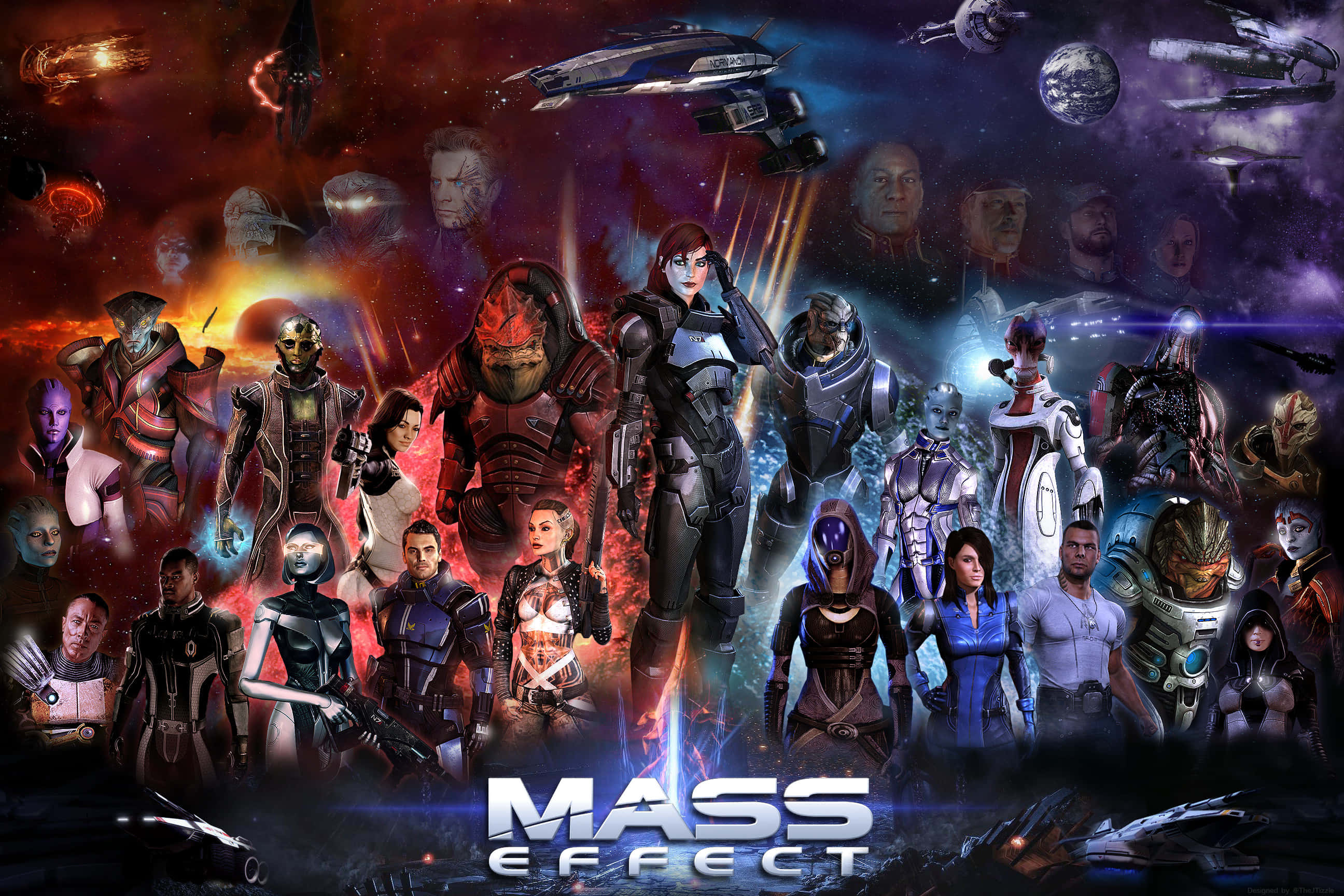 Mass Effect Femshep, cosmic backdrop, spaceships, 2K Desktop Wallpaper