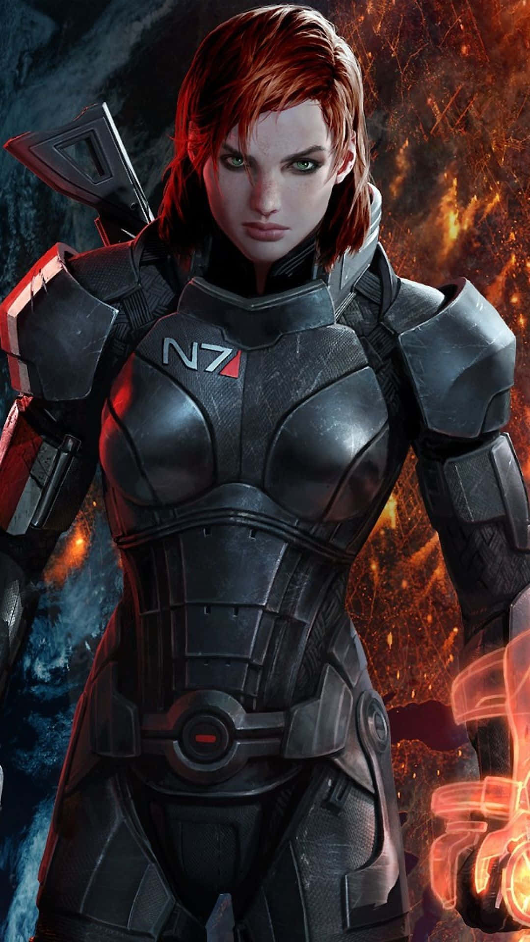 Mass Effect Femshep, black N7 armor, fiery cosmic backdrop, Full HD Phone Wallpaper