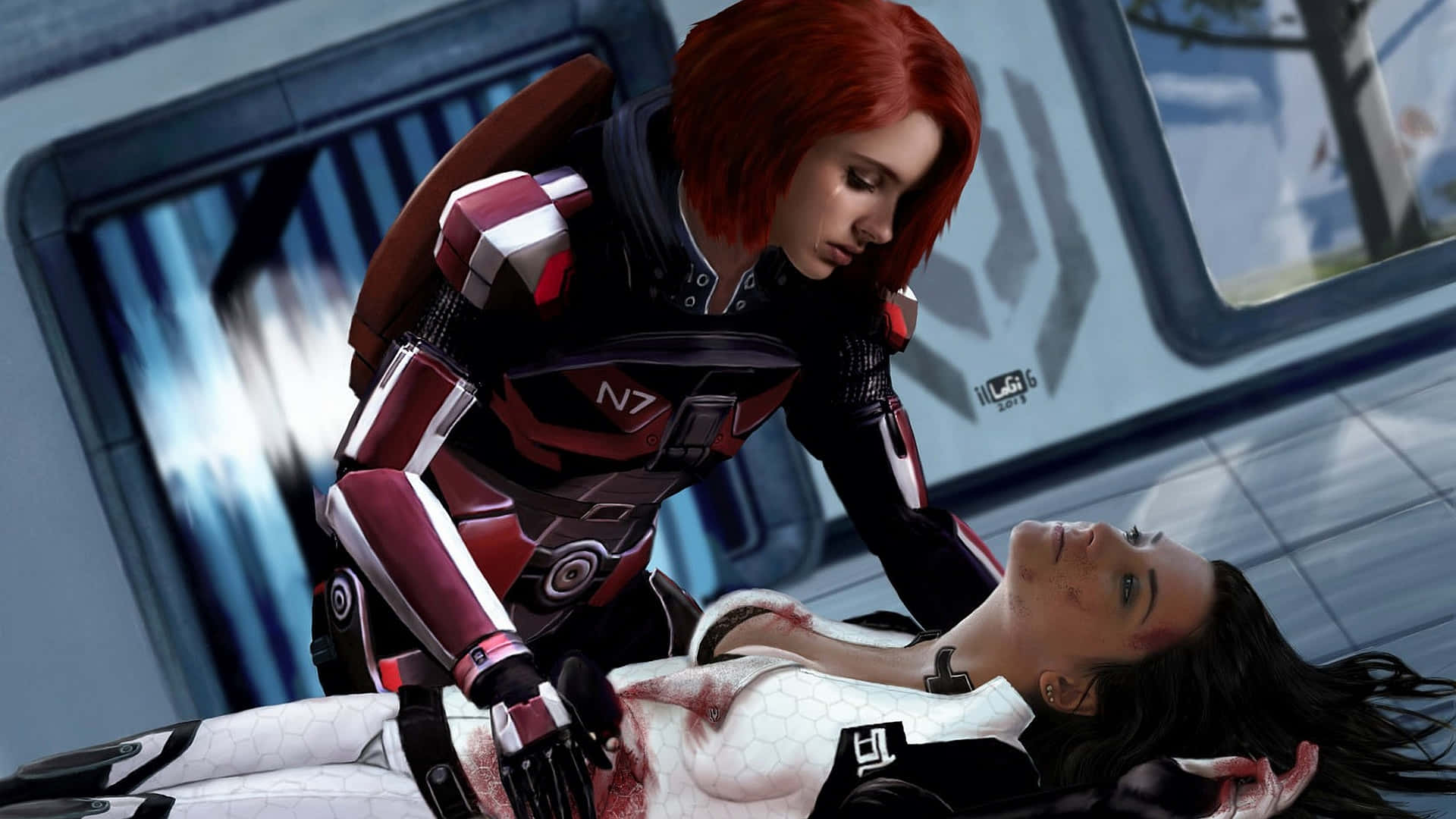 Mass Effect Femshep, red-haired woman, red and black armor, Full HD Desktop Wallpaper