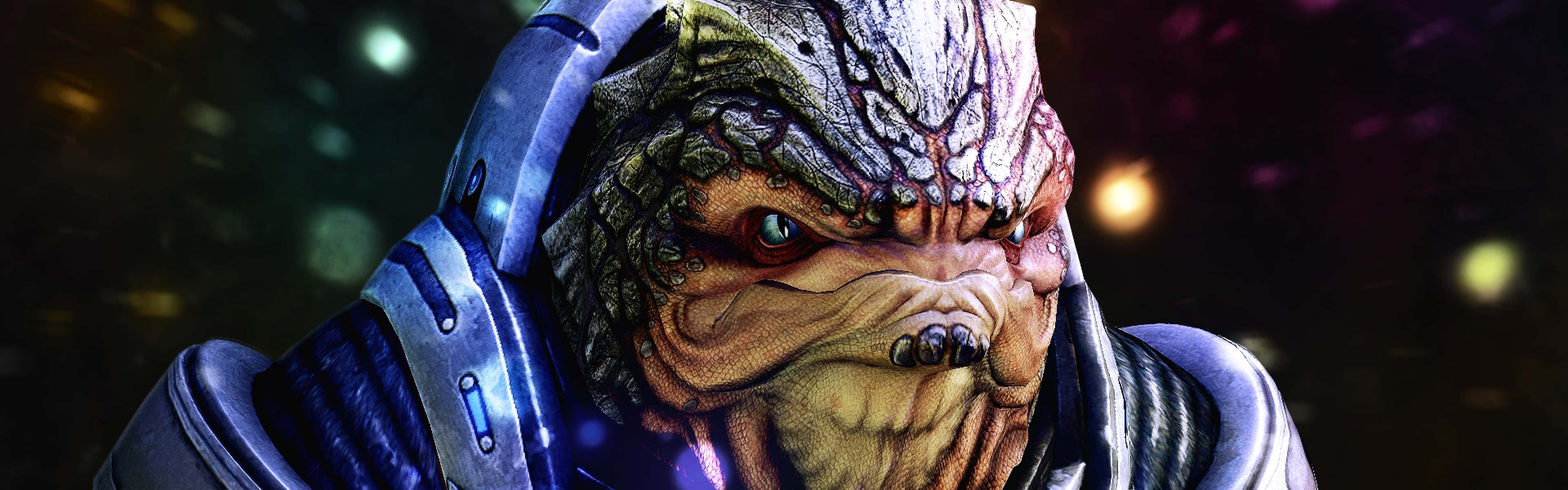 Mass Effect Grunt, futuristic armor, starry cosmic backdrop, 4K Desktop Wallpaper