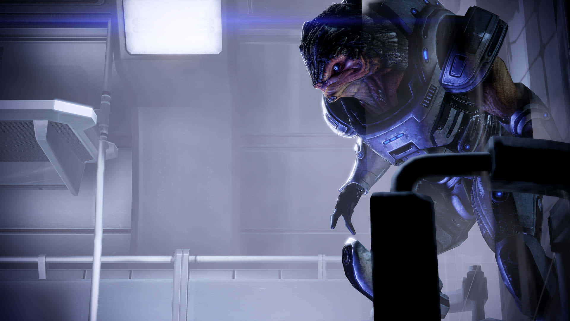 Mass Effect Grunt, futuristic armor, dimly lit sci-fi corridor, Full HD Desktop Wallpaper