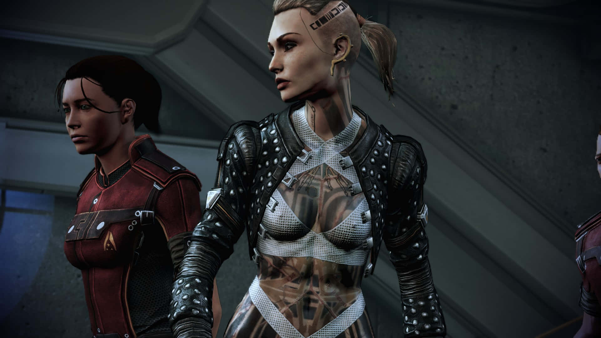 Mass Effect Jack, futuristic armor, dimly lit spaceship corridor, Full HD Desktop Wallpaper