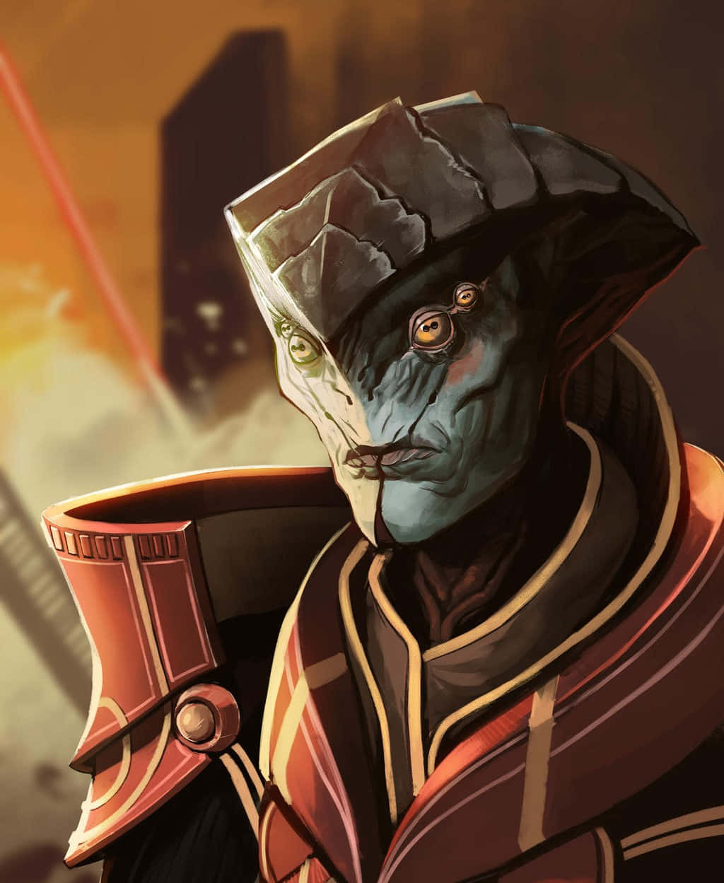 Mass Effect Javik, blue-skinned alien, cracked helmet, SD Phone Wallpaper