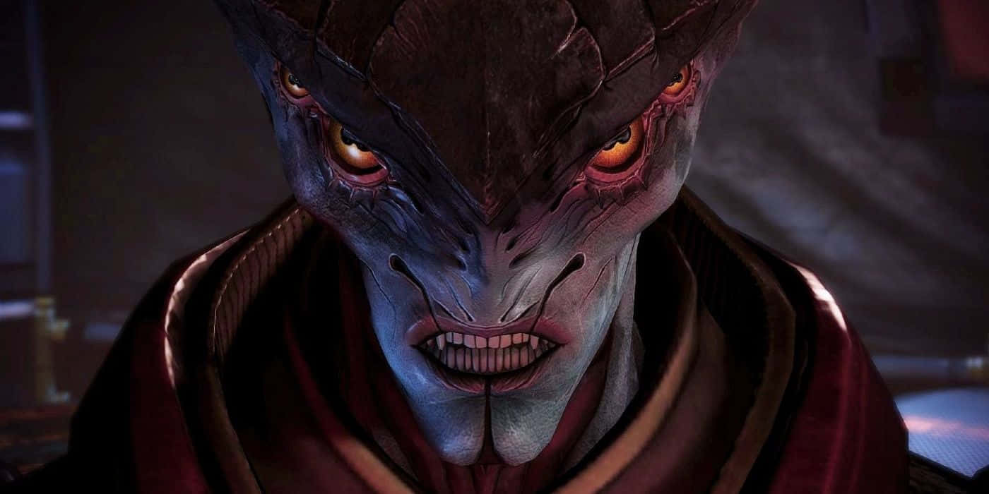 Mass Effect Javik, glowing orange eyes, sharp teeth, HD Desktop Wallpaper