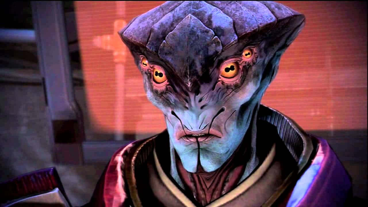Mass Effect Javik, blue-skinned alien, four glowing orange eyes, HD Desktop Wallpaper