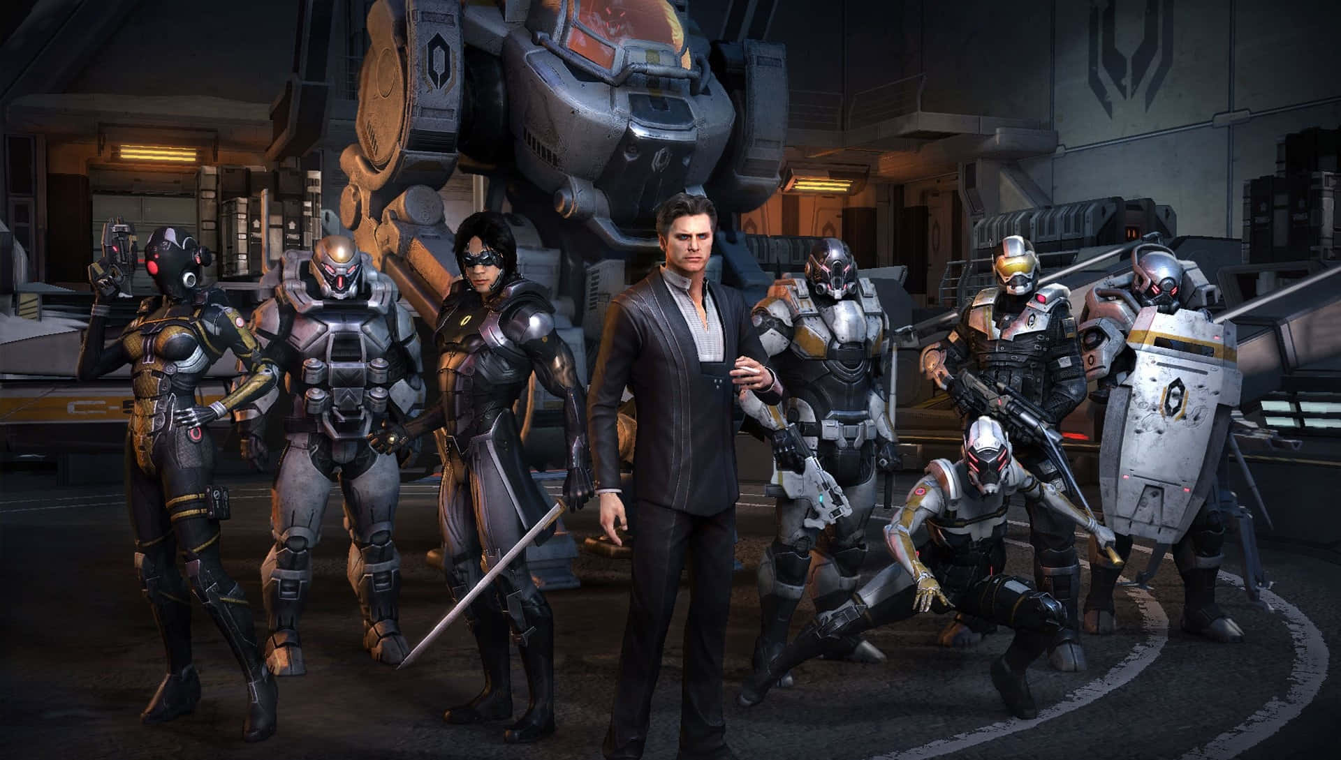 Mass Effect, squad of armored futuristic soldiers, giant mech, Full HD Desktop Wallpaper