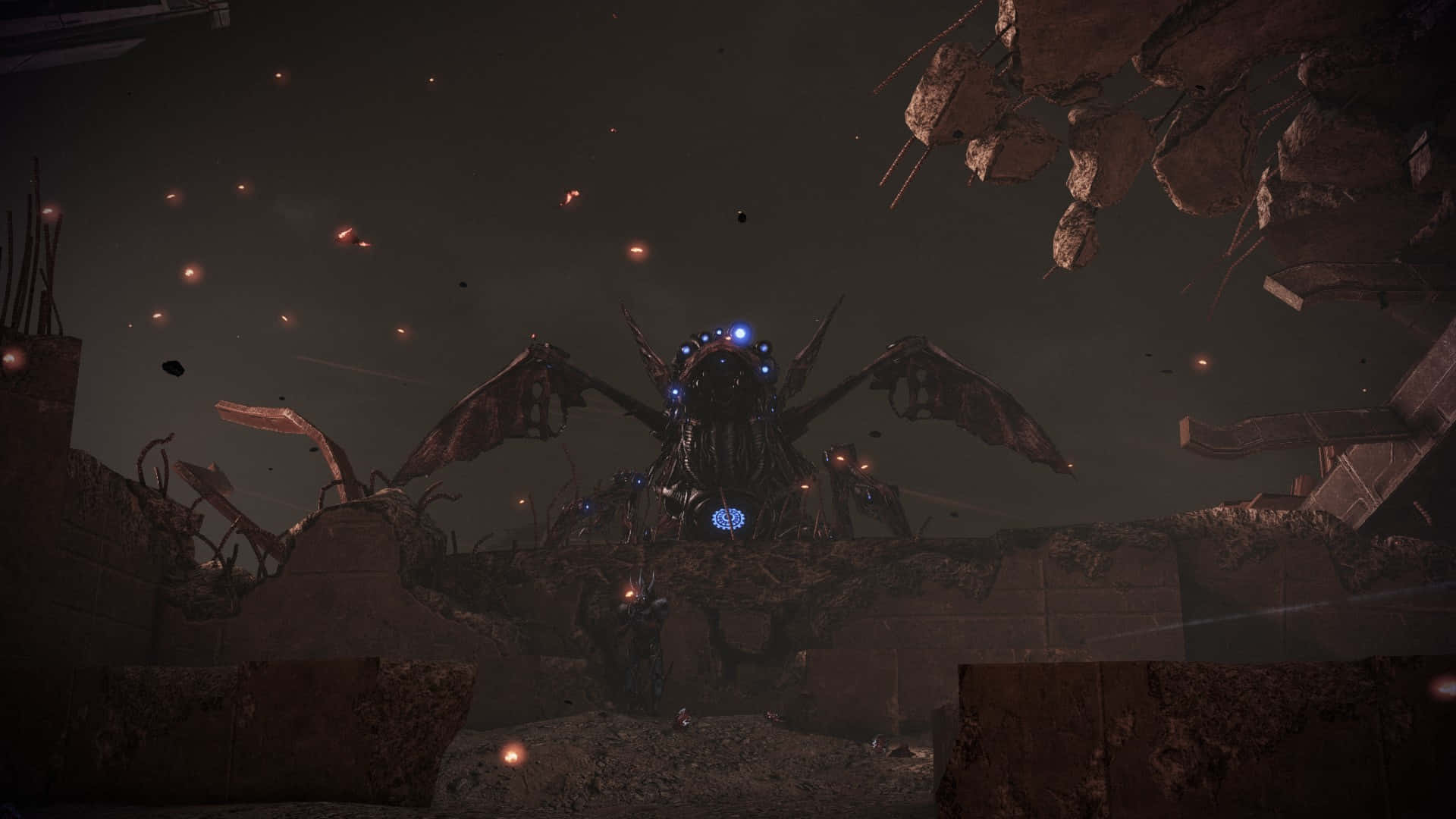 Mass Effect Legendary Edition, biomechanical insectoid creature, glowing blue eyes, Full HD Desktop Wallpaper