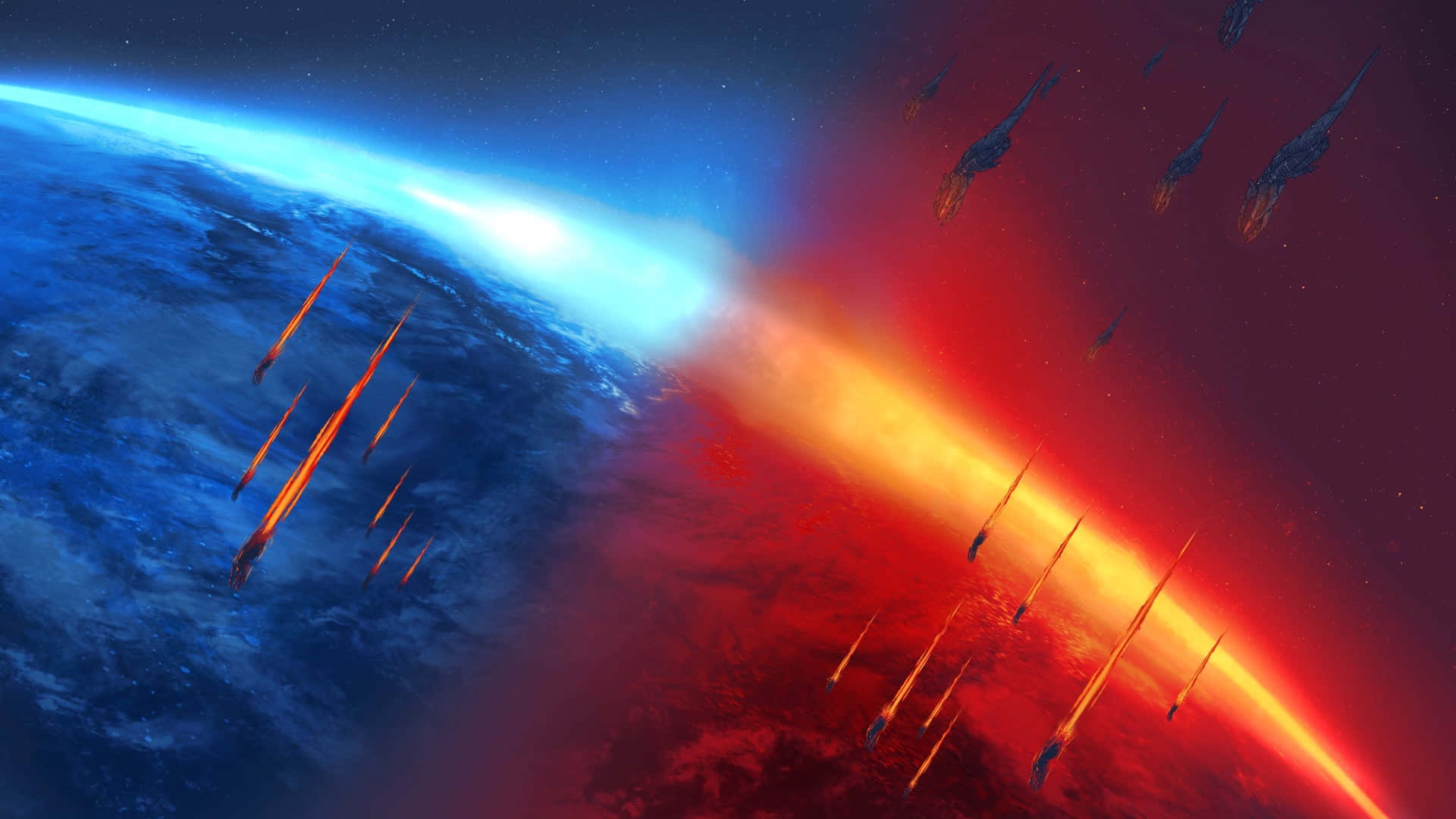 Mass Effect Legendary Edition, space battle, glowing orange missiles, Full HD Desktop Wallpaper