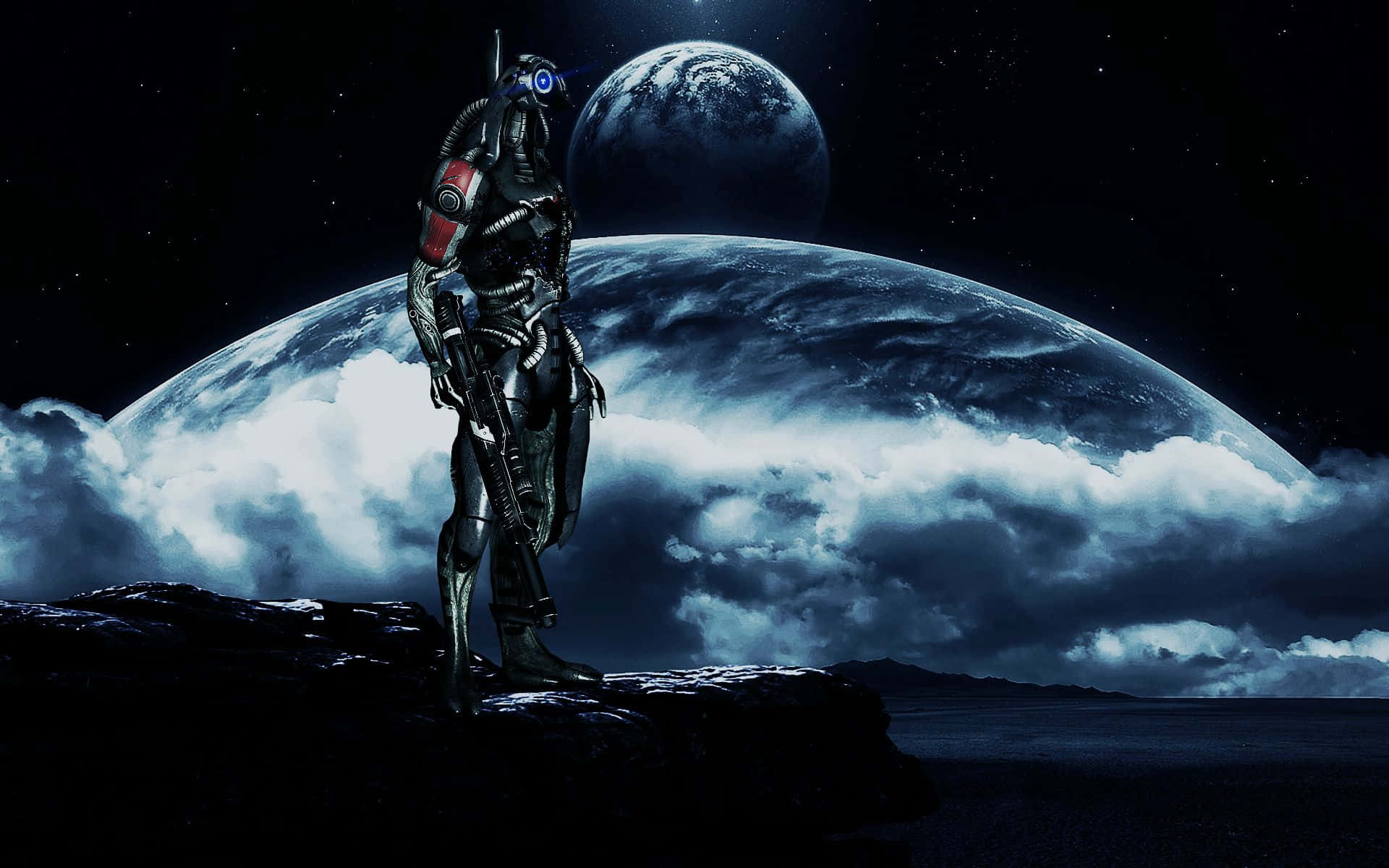 Mass Effect Legion, armored figure, rocky outcrop, Full HD Desktop Wallpaper