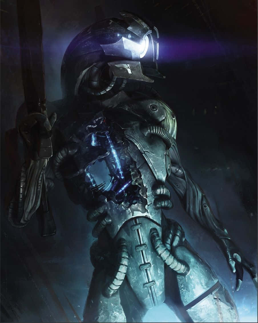Mass Effect Legion, dark armored figure, glowing blue internals, SD Phone Wallpaper