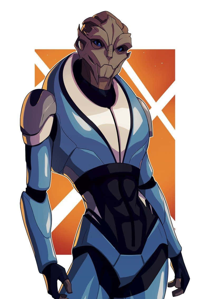 Mass Effect Legion, blue and black armored suit, orange geometric background, SD Phone Wallpaper