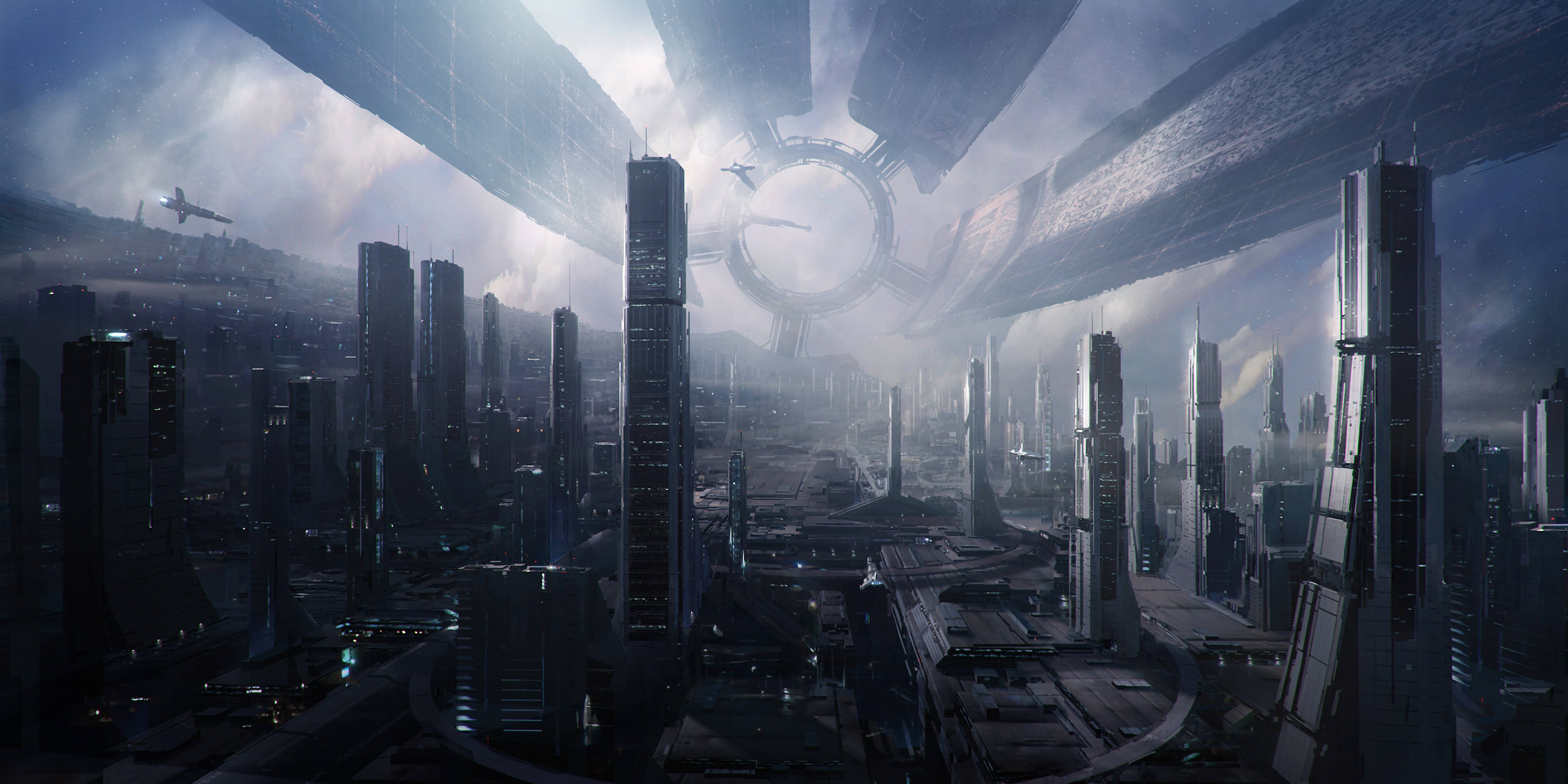 Mass Effect 2, futuristic cityscape, ringed space station, 5K Desktop Wallpaper