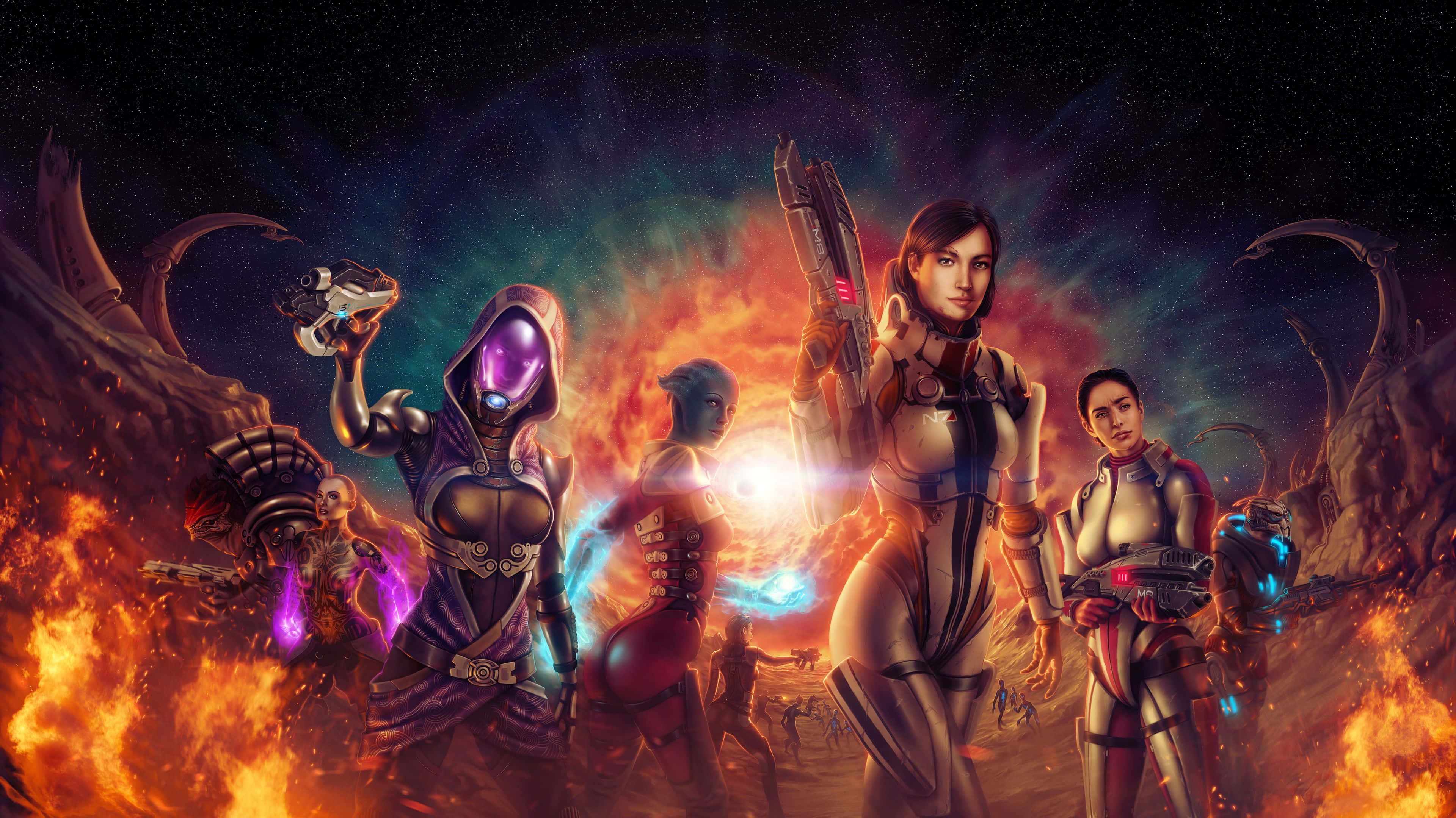 Mass Effect Multiplayer, futuristic warriors, fiery cosmic chaos, 4K Desktop Wallpaper