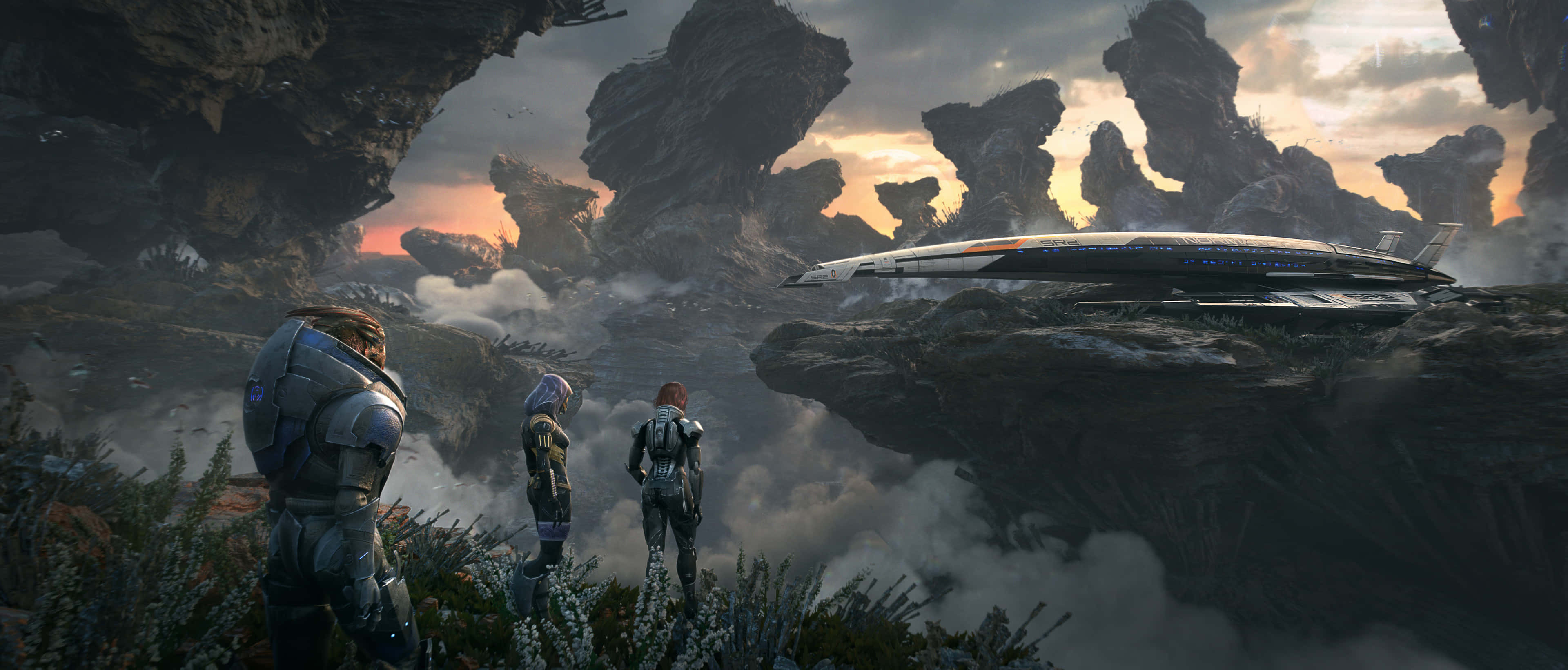 Mass Effect Multiplayer, sleek spaceship, misty alien canyon, 4K Desktop Wallpaper