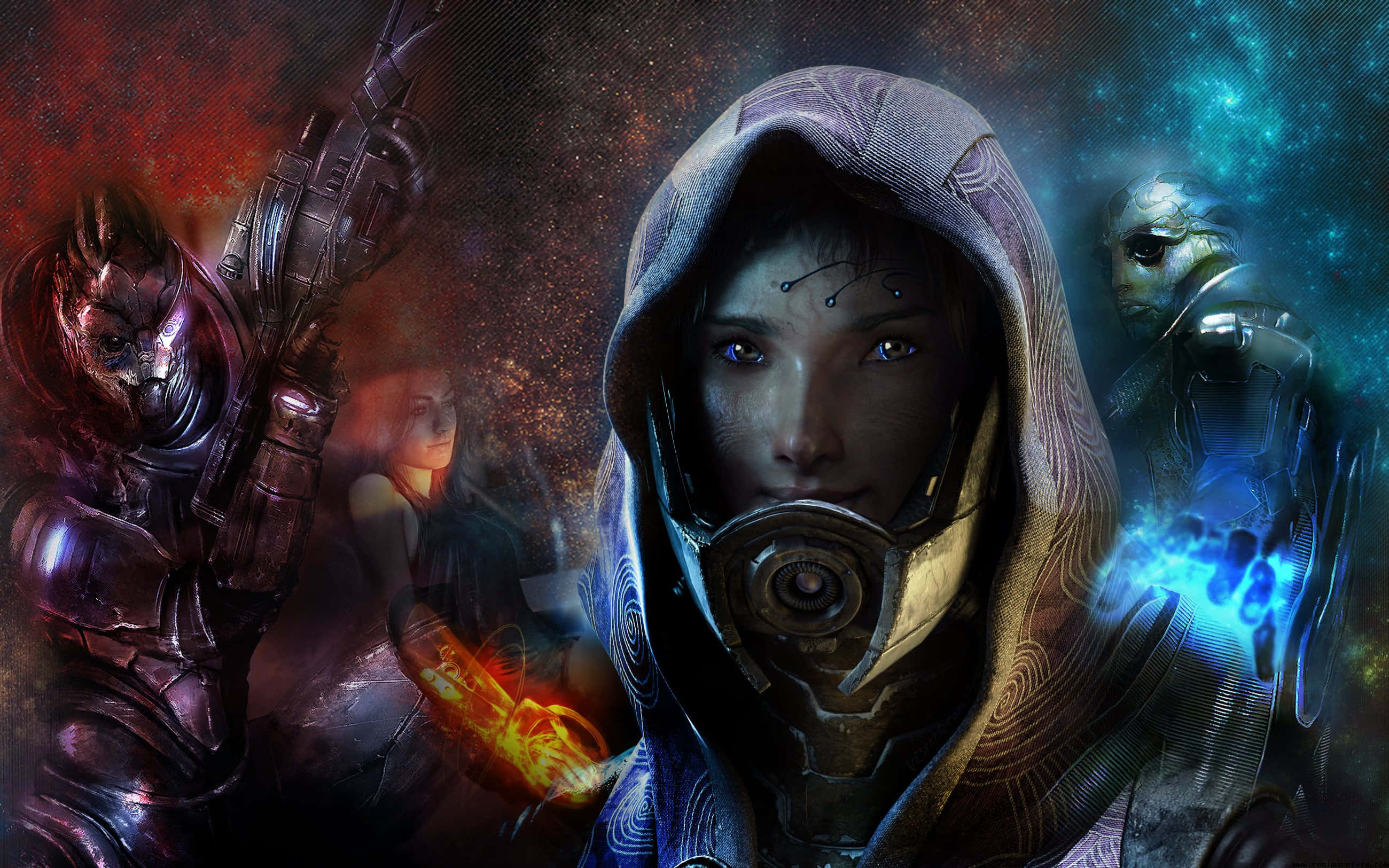 Mass Effect Multiplayer, hooded figure, glowing eyes, 2K Desktop Wallpaper