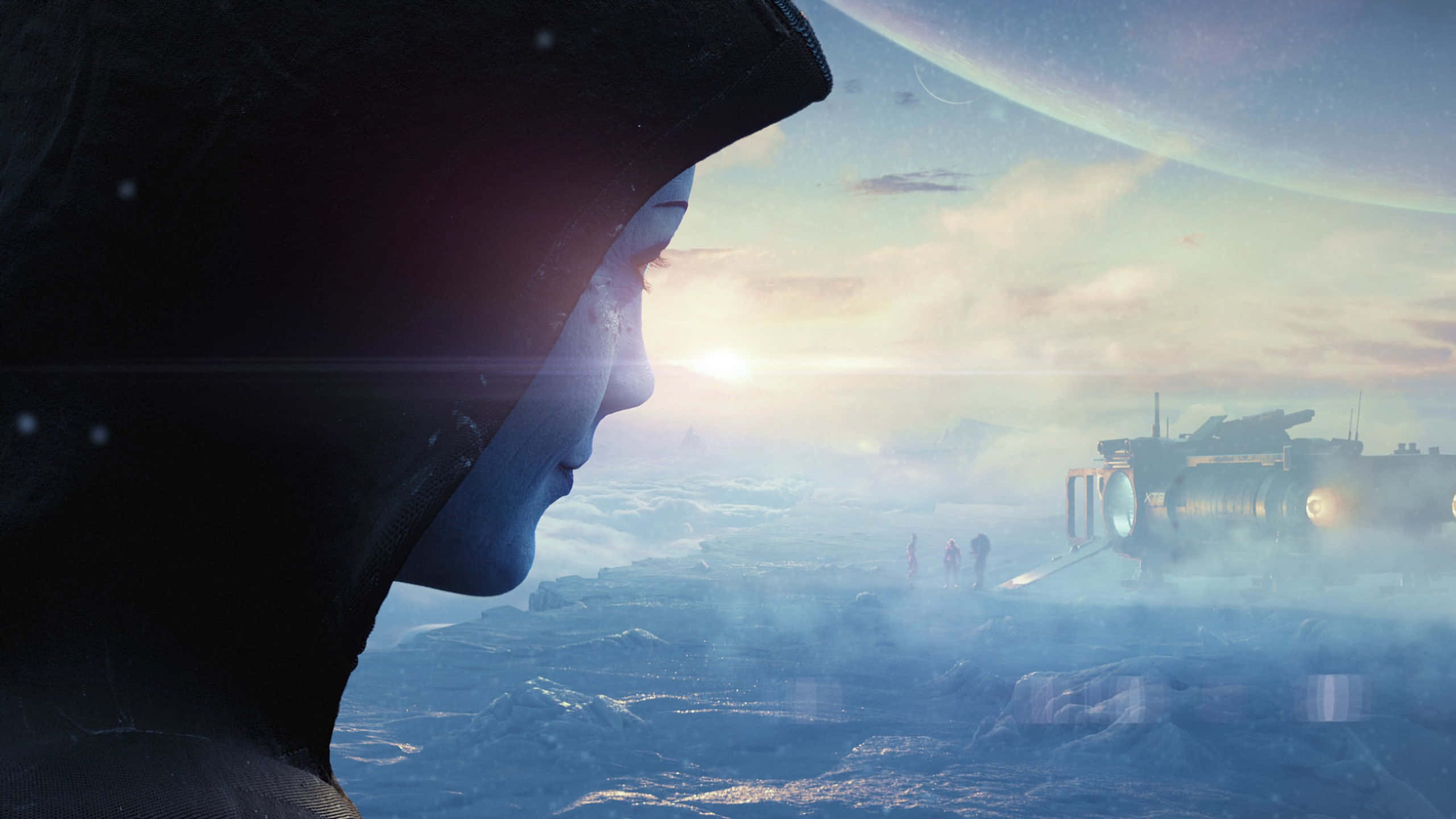 Mass Effect Multiplayer, futuristic spacecraft, misty alien planet, 2K Desktop Wallpaper