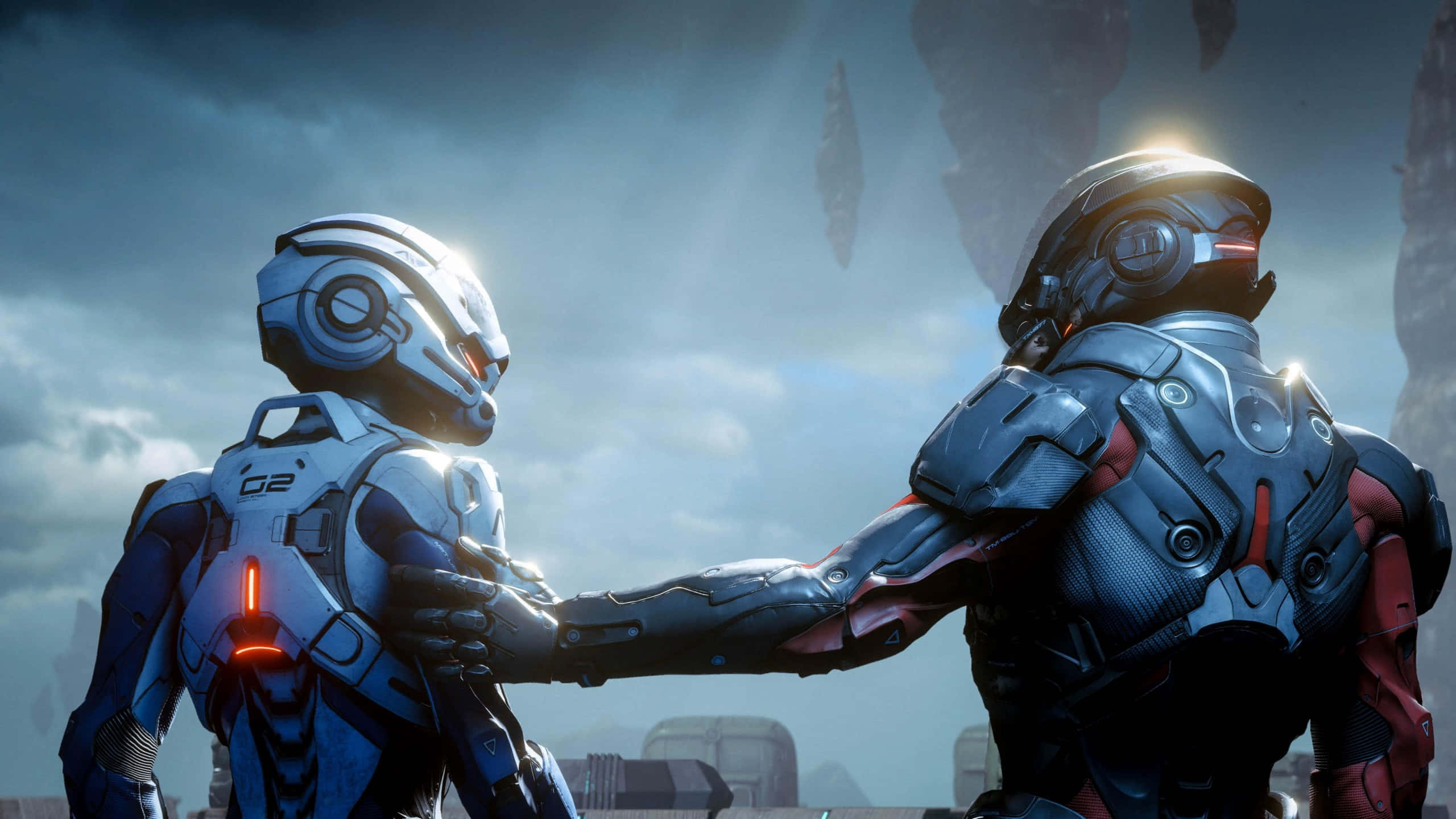 Mass Effect Multiplayer, futuristic suits, cloudy alien sky, 2K Desktop Wallpaper