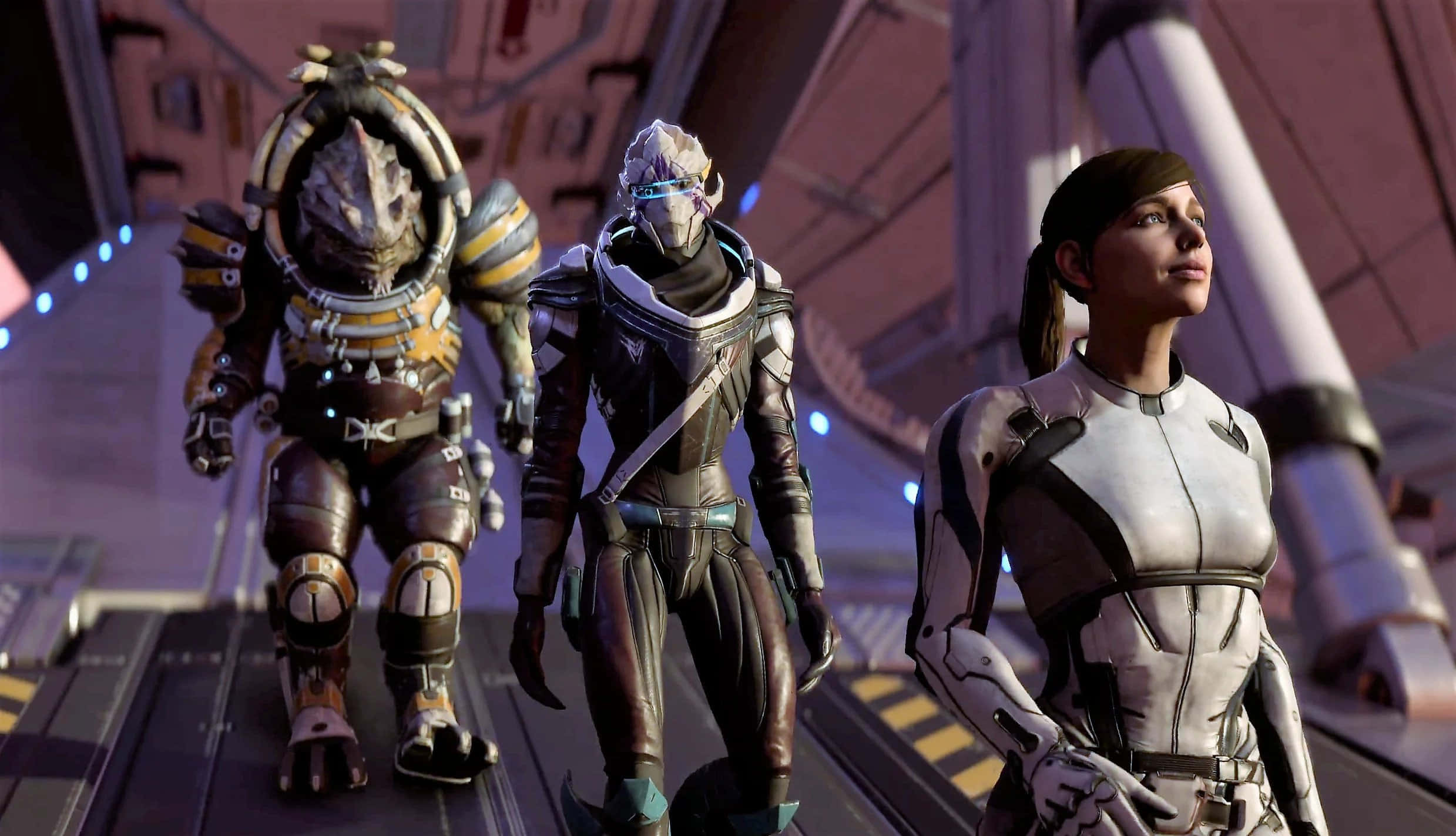 Mass Effect, futuristic armored figures, sci-fi corridor, Full HD Desktop Wallpaper