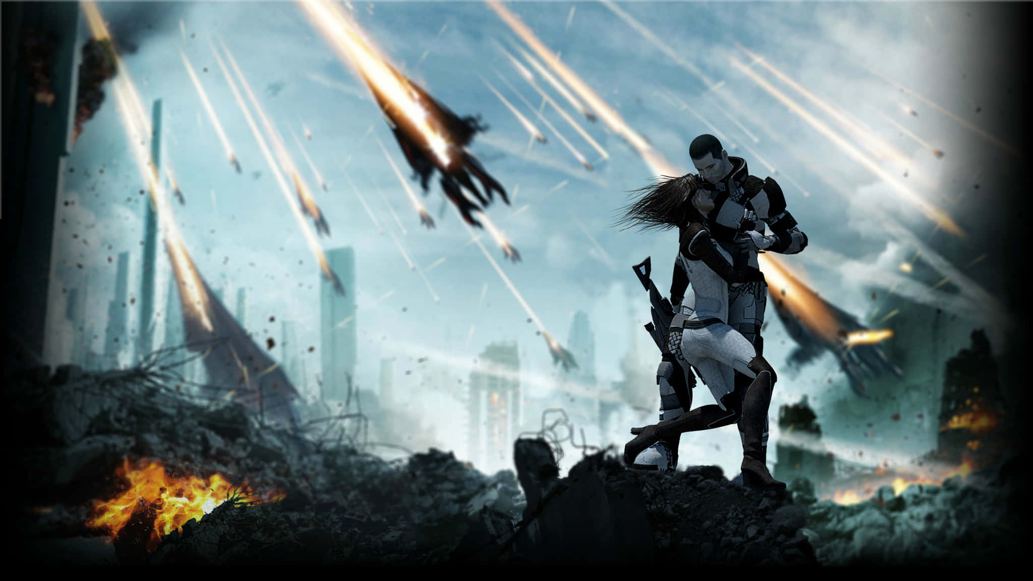 Mass Effect Multiplayer, fighter jets, war-torn city skyline, Full HD Desktop Wallpaper
