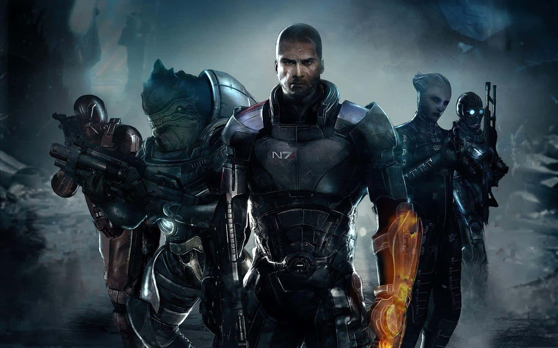 Mass Effect Multiplayer, armored soldiers, dark misty battlefield, Full HD Desktop Wallpaper