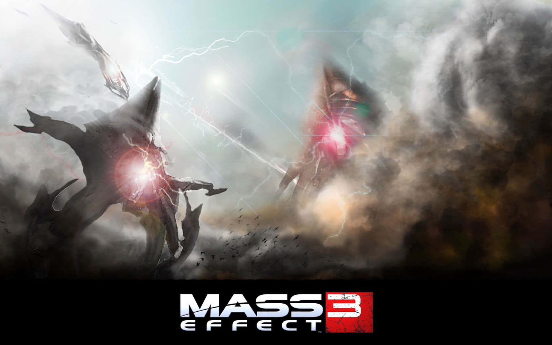 Mass Effect Multiplayer, alien warships, stormy sky, Full HD Desktop Wallpaper