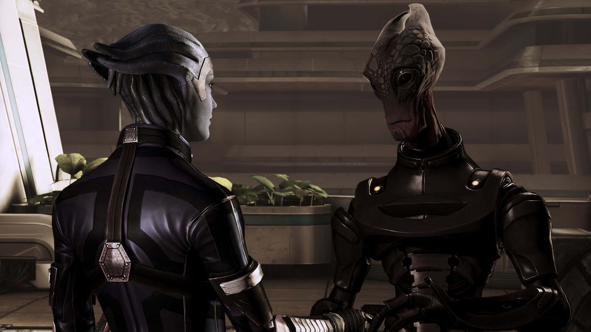 Mass Effect Multiplayer, dark futuristic armor, dimly lit sci-fi interior, Full HD Desktop Wallpaper