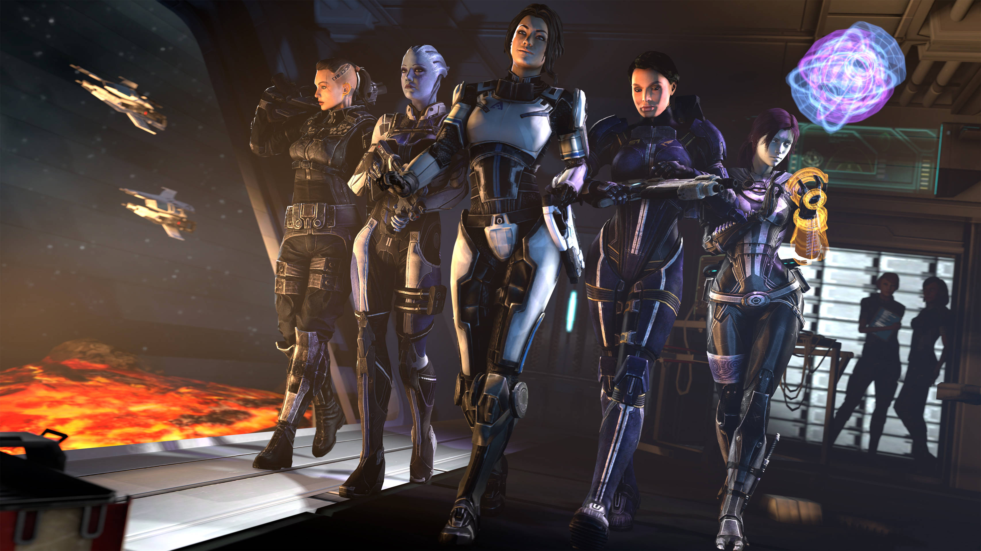 Mass Effect, female warriors, spaceship deck, 2K Desktop Wallpaper