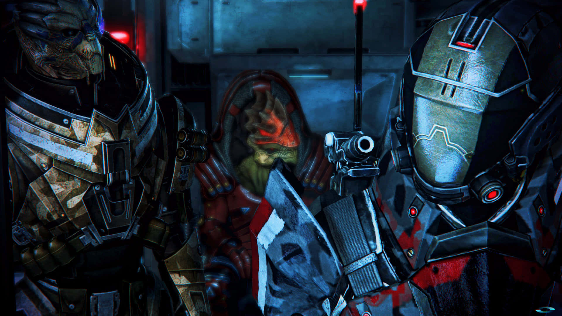 Mass Effect Multiplayer, armored alien warriors, dim futuristic corridor, Full HD Desktop Wallpaper