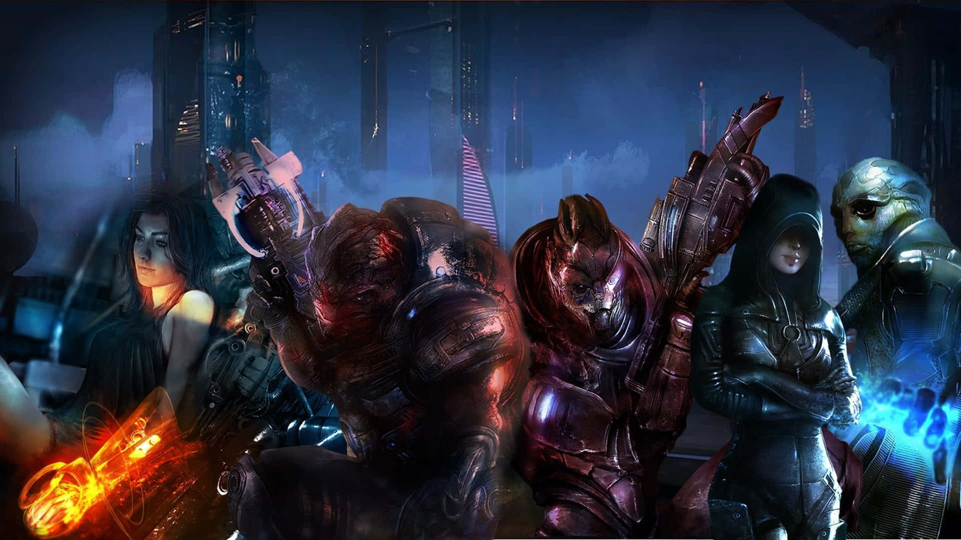 Mass Effect Multiplayer, neon-lit cyberpunk cityscape, night, Full HD Desktop Wallpaper