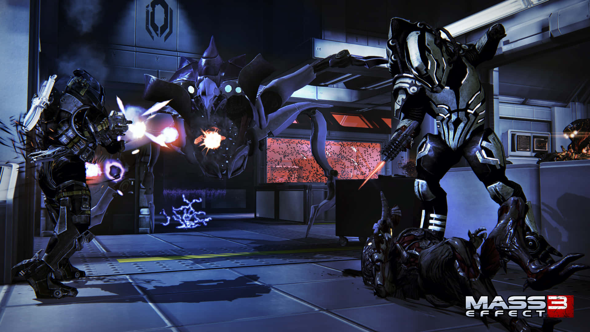 Mass Effect Multiplayer, futuristic spaceship corridor, armored soldiers, Full HD Desktop Wallpaper