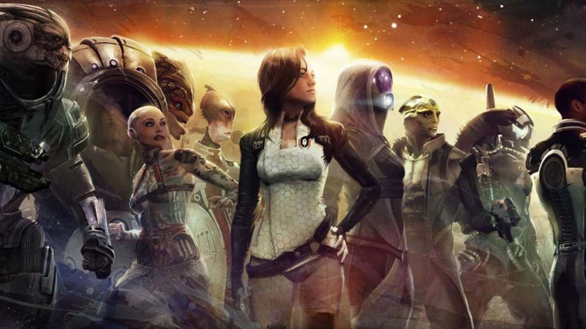 Mass Effect Multiplayer, futuristic alien and human characters, glowing cosmic backdrop, Full HD Desktop Wallpaper