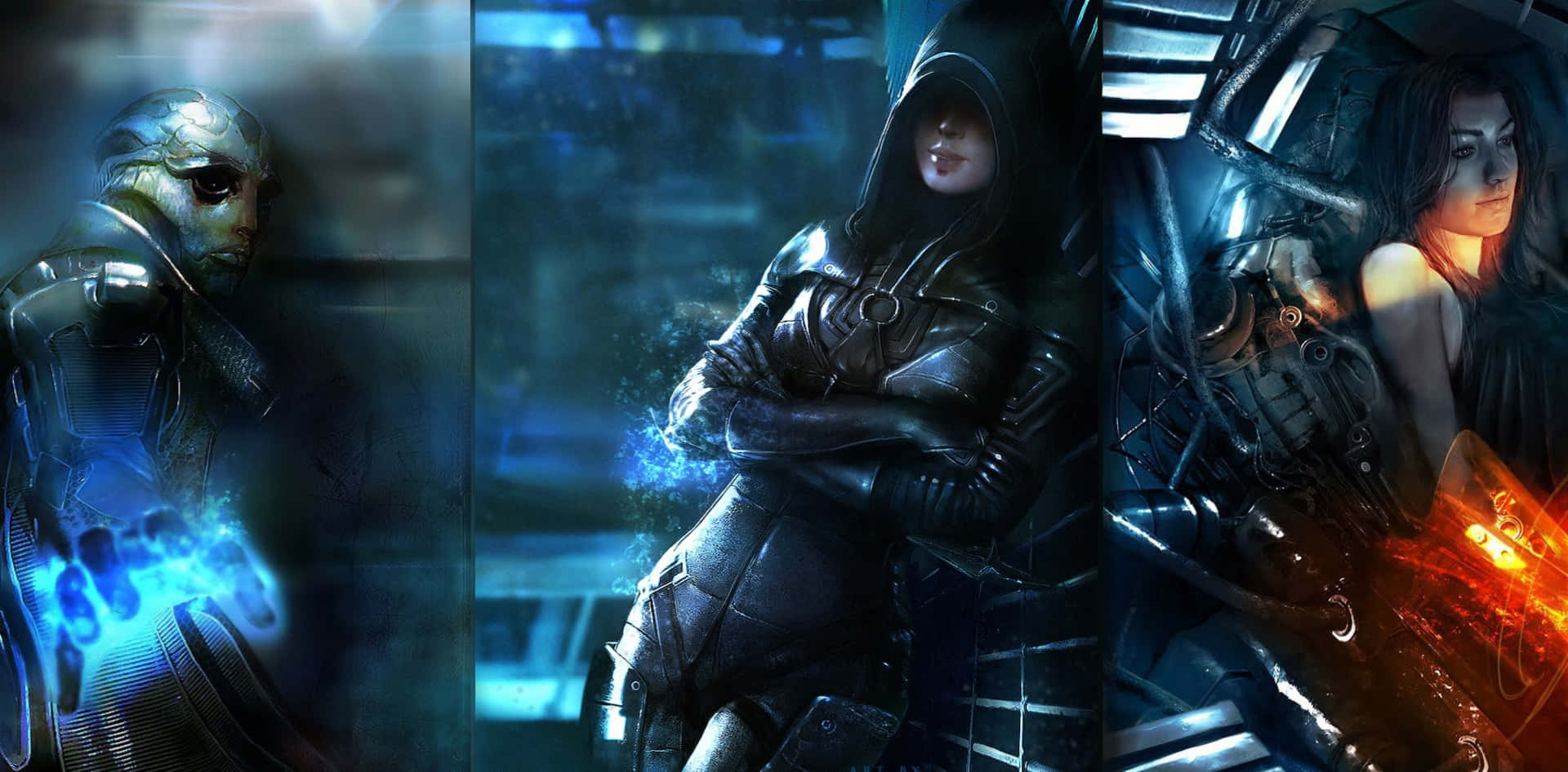 Mass Effect, cyberpunk characters, blue and orange energy, Full HD Desktop Wallpaper