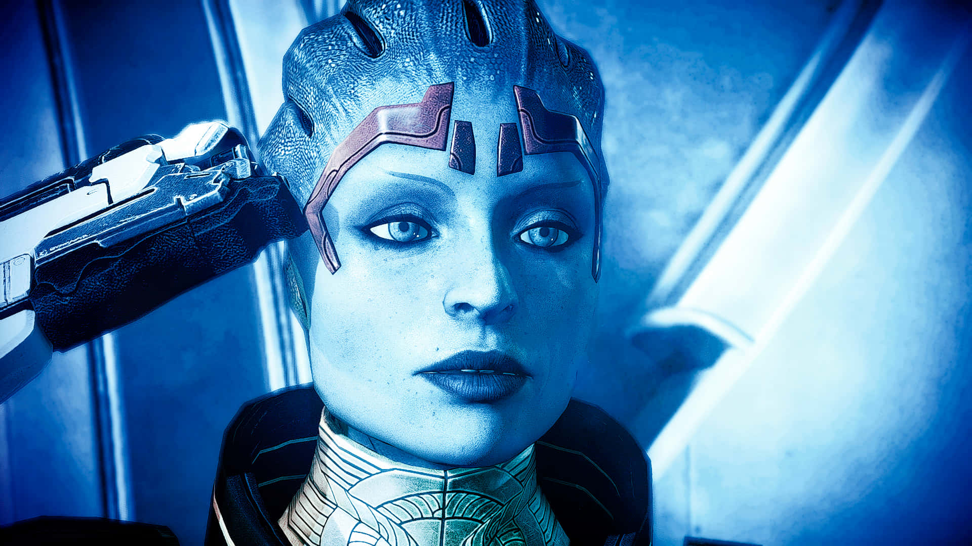 Mass Effect Samara, blue skin, ornate headgear, Full HD Desktop Wallpaper