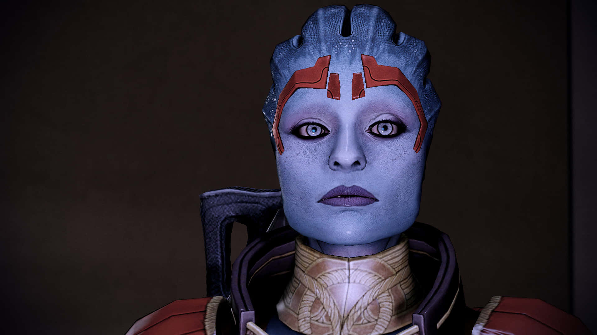 Mass Effect Samara, blue-skinned alien, red facial markings, Full HD Desktop Wallpaper