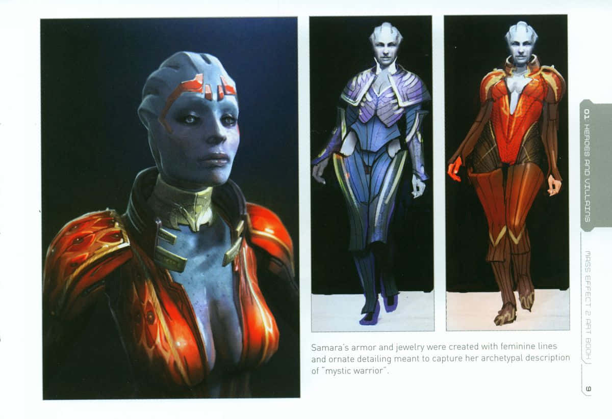Mass Effect Samara, female alien warrior, ornate armor, SD Desktop Wallpaper