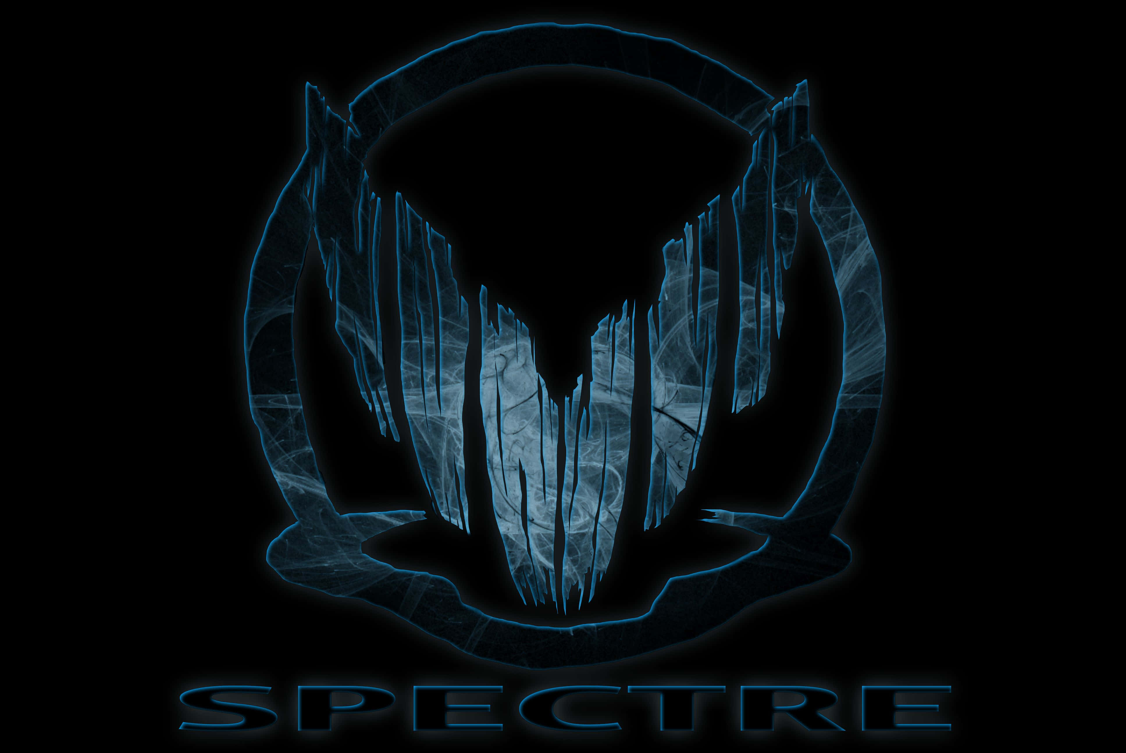SPECTRE, glowing blue spectral skull logo, black background, 4K Desktop Wallpaper