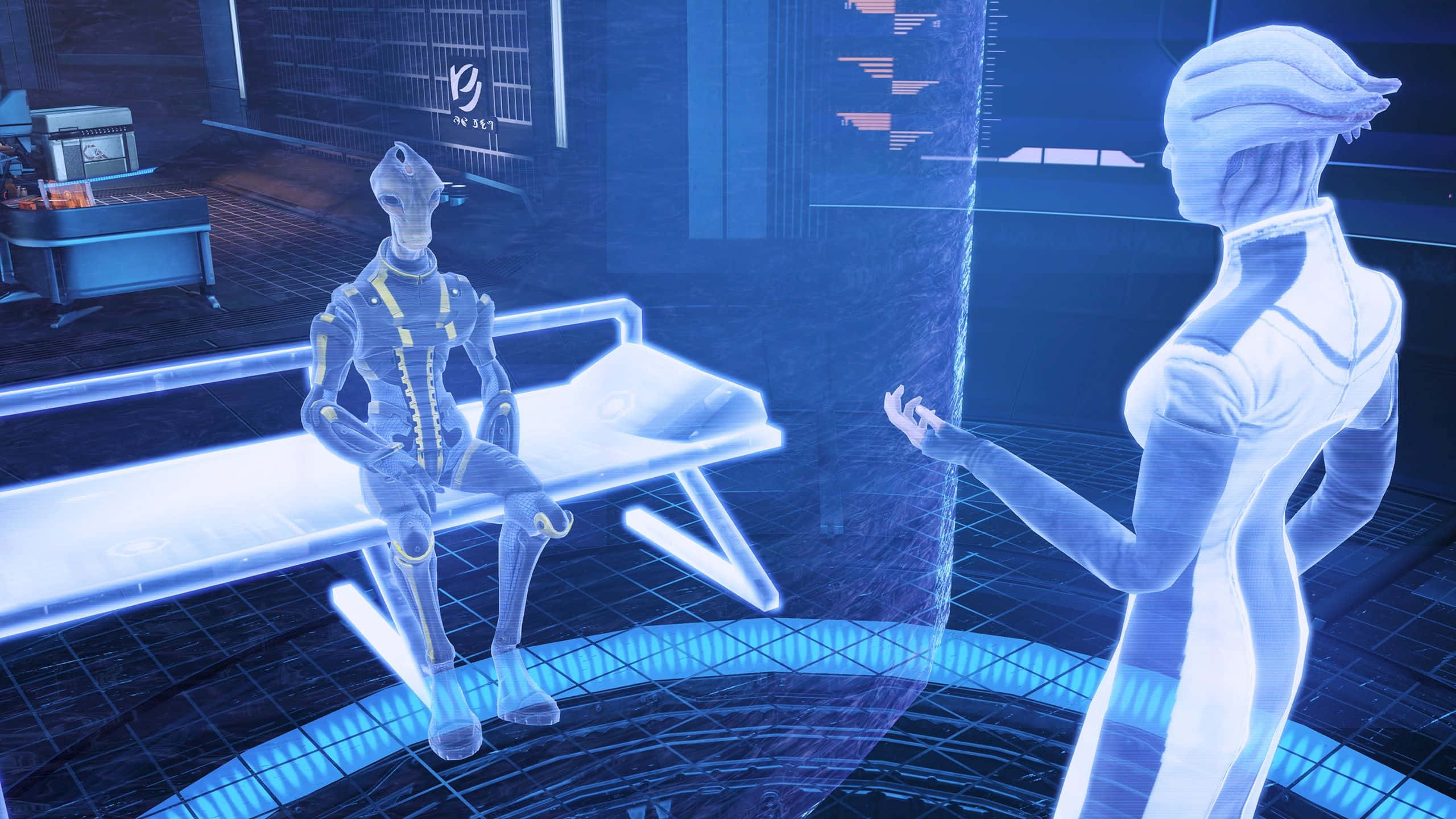 Mass Effect Spectre, futuristic blue-lit room, holographic interfaces, 2K Desktop Wallpaper