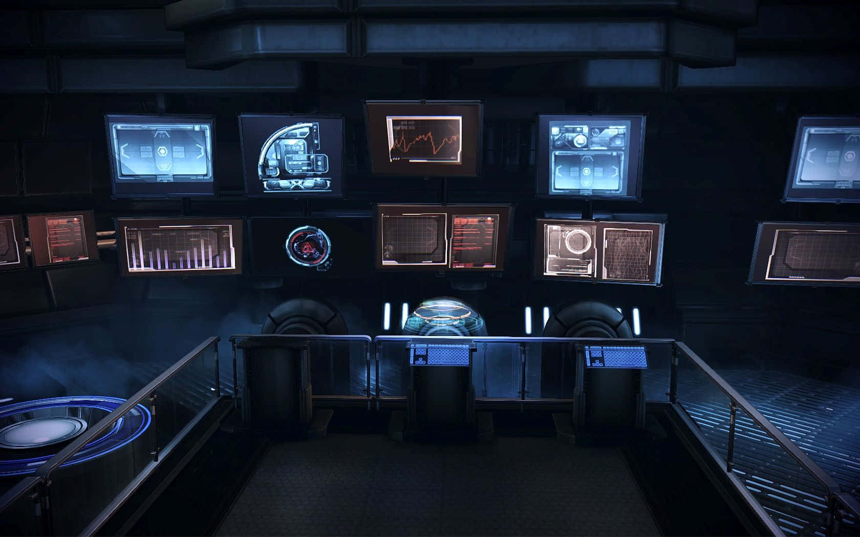 Mass Effect Spectre, command center, glowing blue screens, HD Desktop Wallpaper