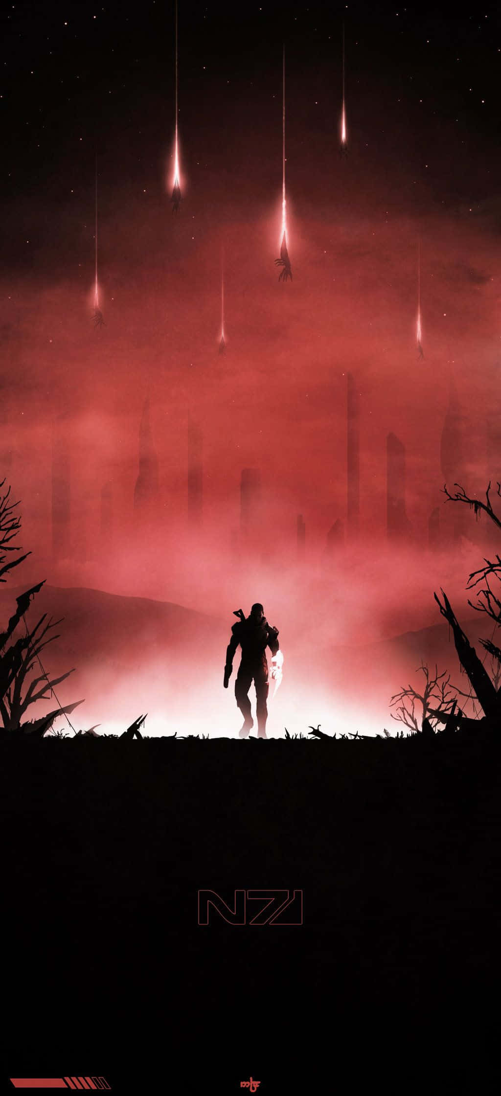Mass Effect Trilogy, crimson sky, glowing meteors, Full HD Phone Wallpaper