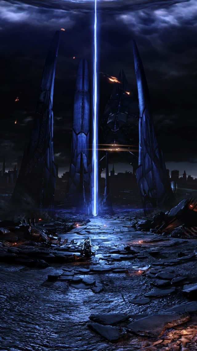 Mass Effect Trilogy, blue energy beam, stormy night sky, SD Phone Wallpaper