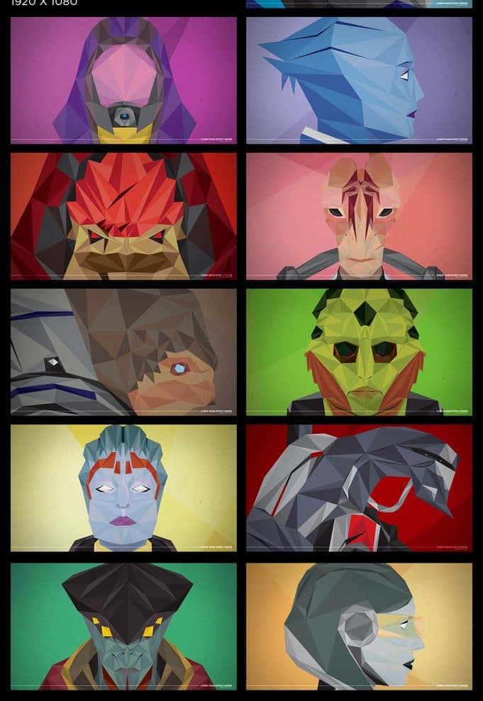 Mass Effect Trilogy, low-poly stylized alien characters, geometric faces, SD Phone Wallpaper