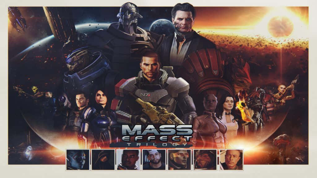 Mass Effect Trilogy, key characters, fiery cosmic backdrop, SD Desktop Wallpaper