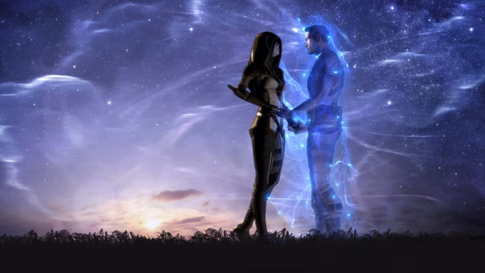 Mass Effect Trilogy, glowing blue ethereal man, dark-clad woman, SD Desktop Wallpaper