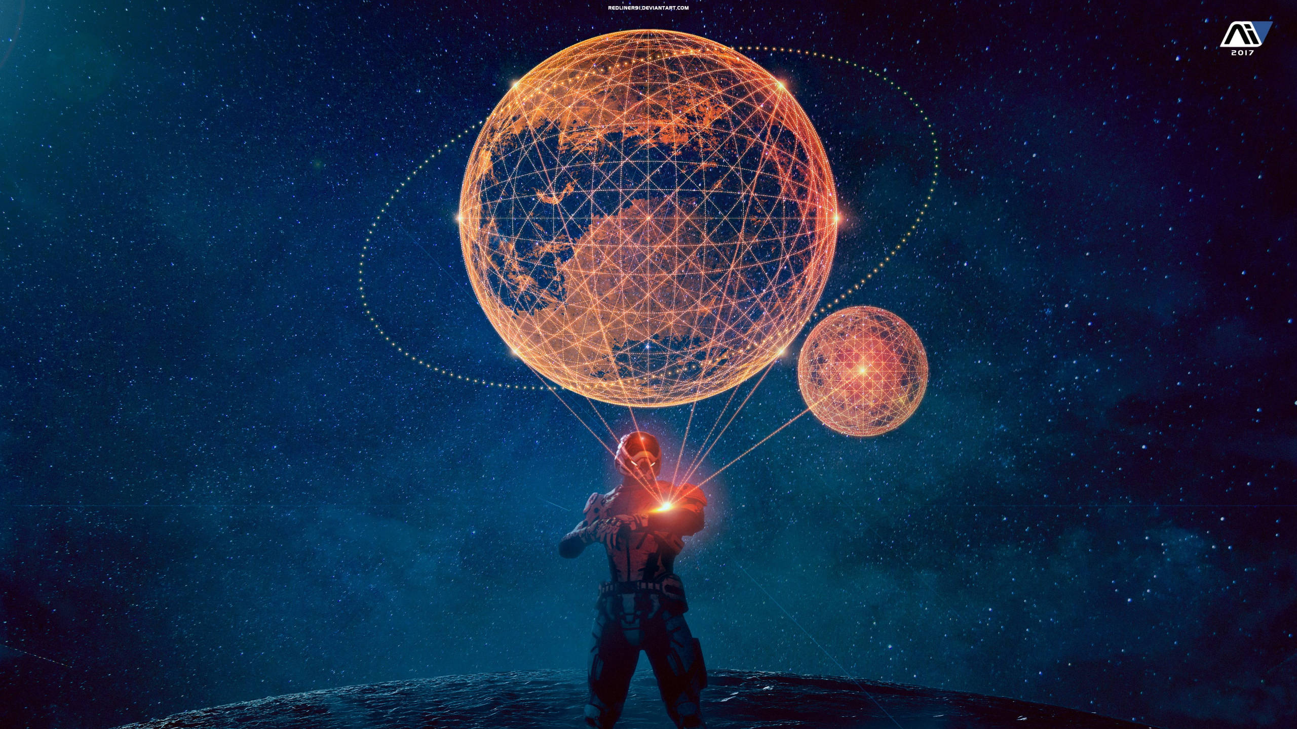 Mass Effect, holographic planet, luminous wireframe planets, 2K Desktop Wallpaper