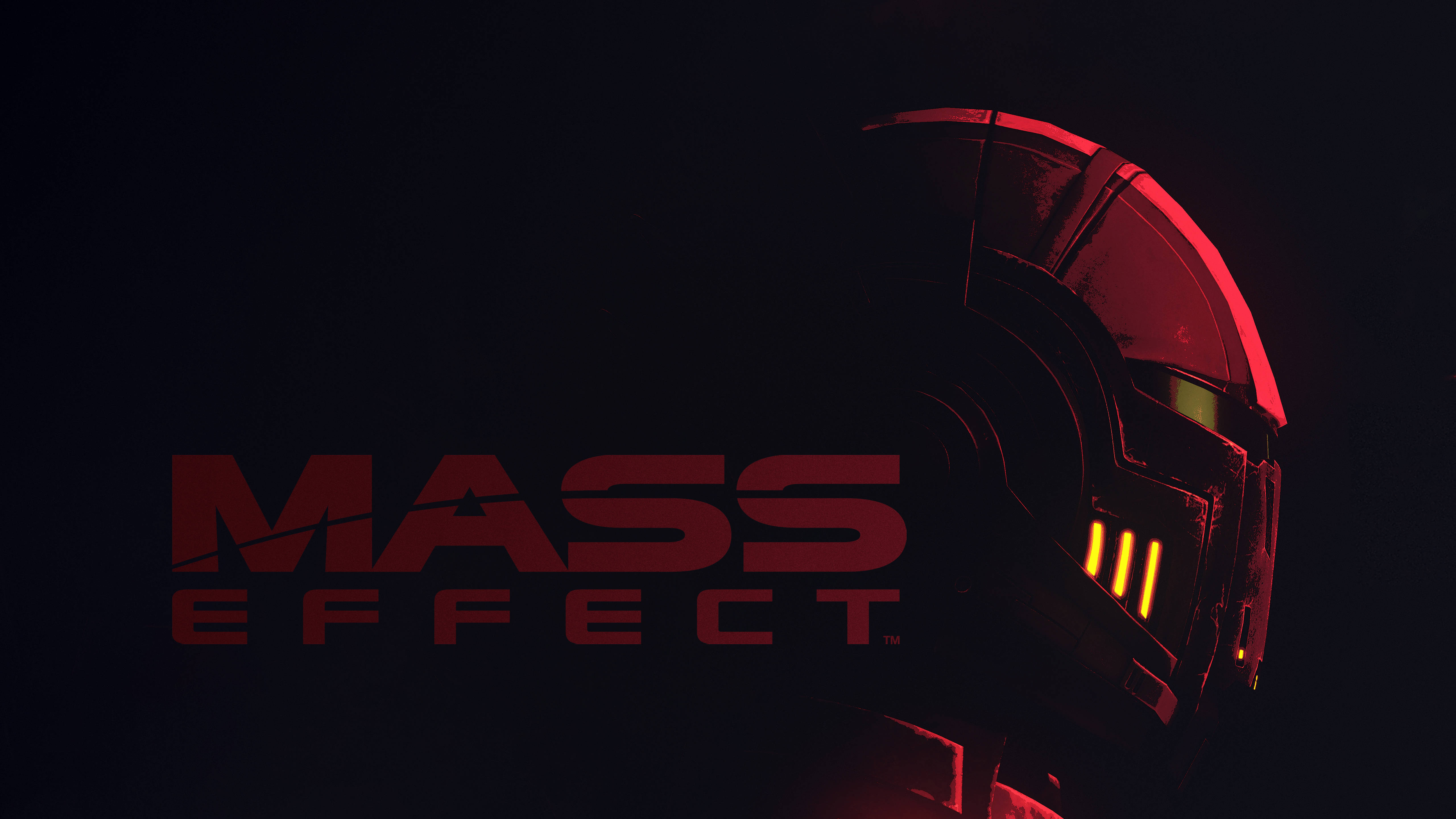 Mass Effect, helmet, red and yellow lights, 5K Desktop Wallpaper