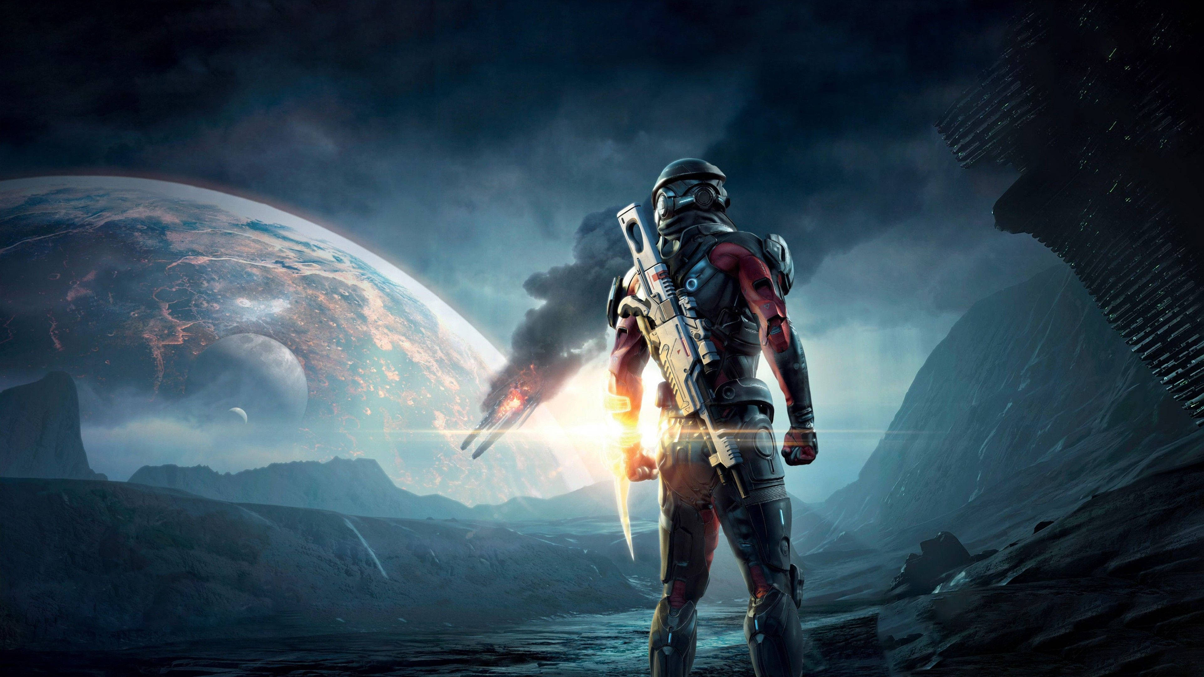 Mass Effect, armored soldier, desolate alien planet, 4K Desktop Wallpaper