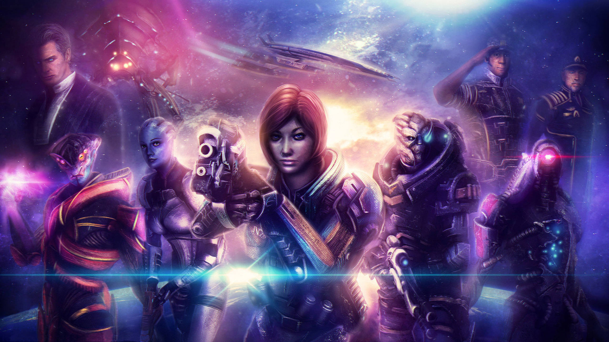 Mass Effect, neon aesthetic, cosmic nebula, 2K Desktop Wallpaper