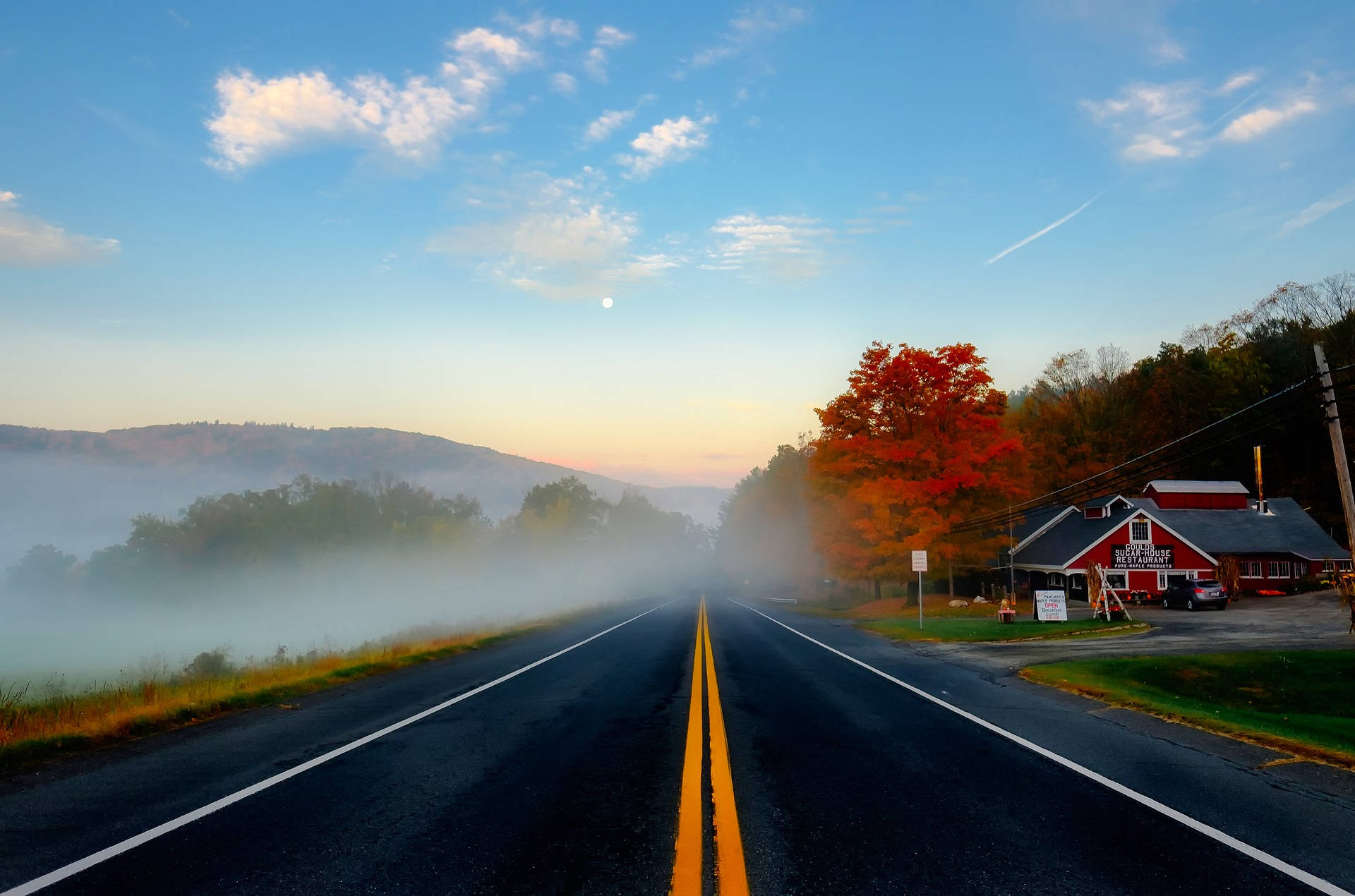 Massachusetts, autumn road, distant hills, Full HD Desktop Wallpaper