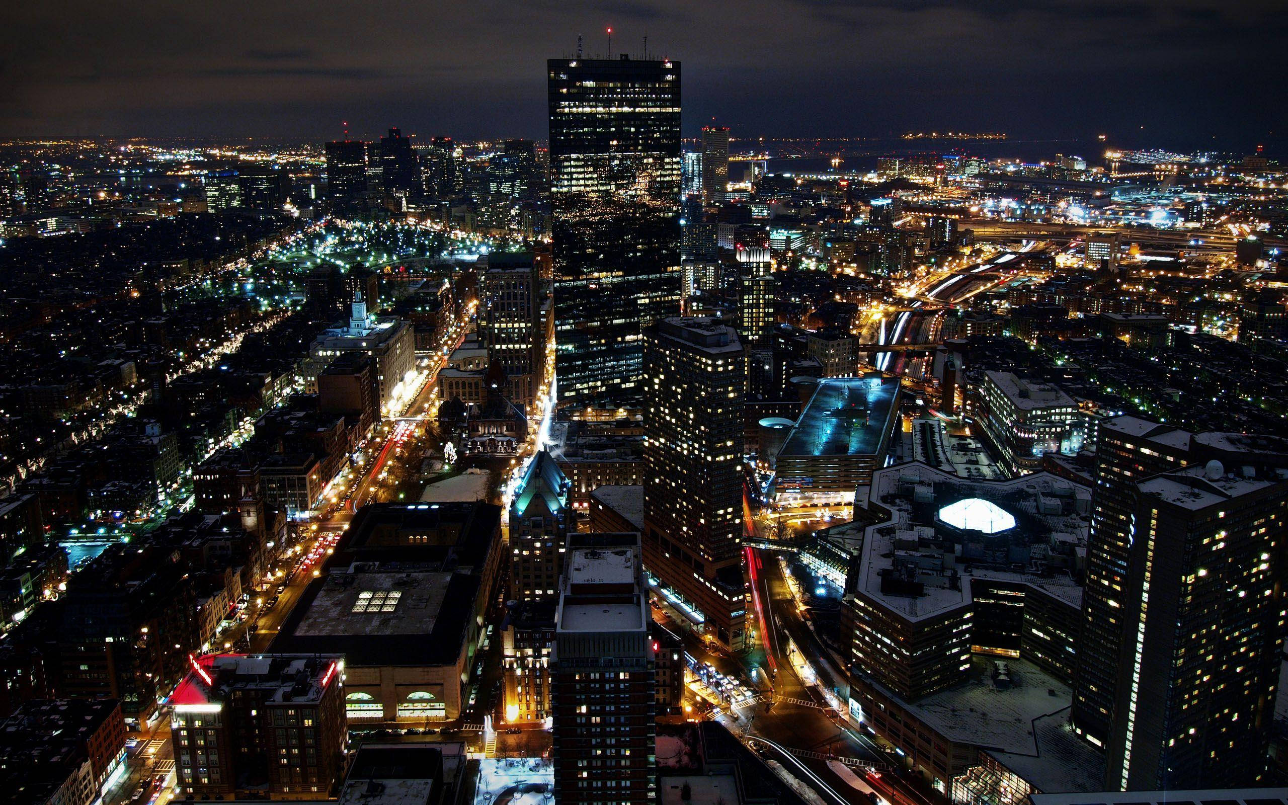 Massachusetts, nighttime, cityscape, 2K Desktop Wallpaper