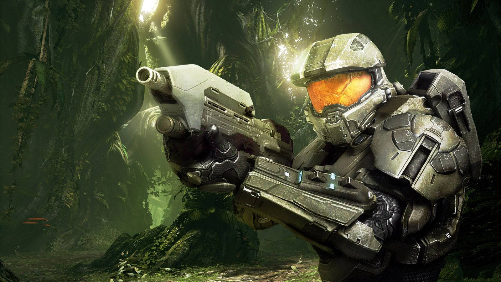 Master Chief, futuristic armor, glowing orange visor, HD Desktop Wallpaper